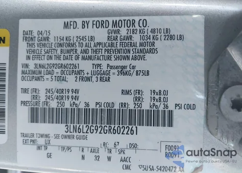 2016 Lincoln Mkz from USA, damaged, VIN 3LN6L2G92GR602261